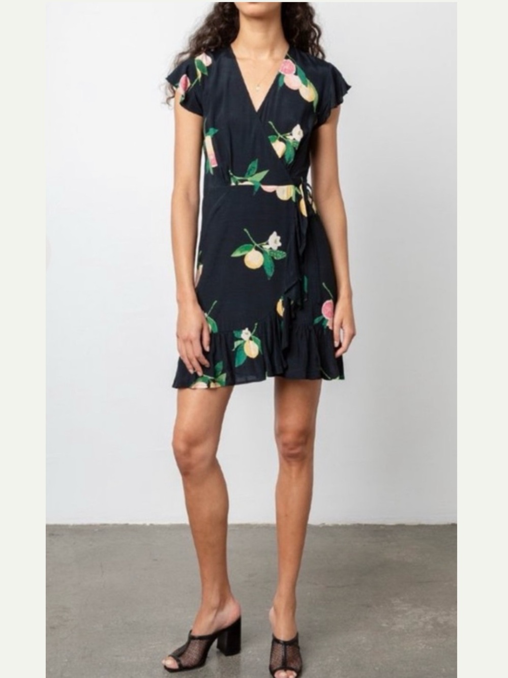 Rails Koreen Wrap Mini Dress Black Lemon/Grapefruit Print Size Medium